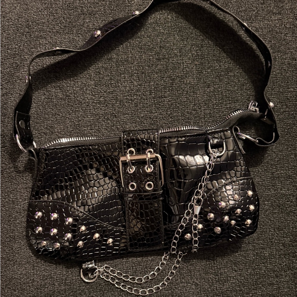 Black Croc-Embossed Shoulder Bag with Chain Detail from Fashion Nova